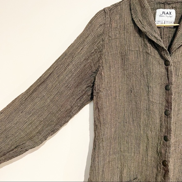 FLAX 100% Linen Brown Multicolor Woven Shawl Collar Snap Front Top/Jacket - Picture 4 of 10